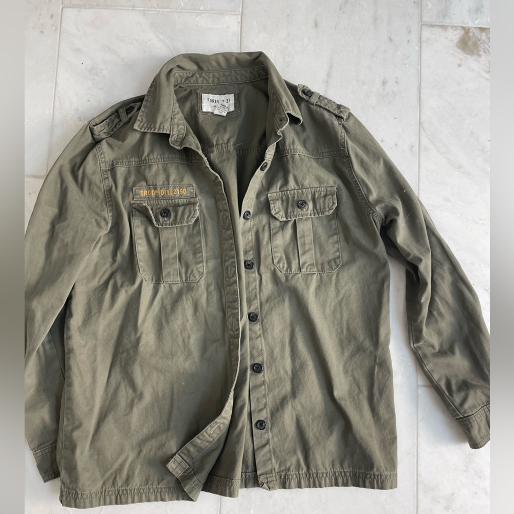 Forever 21 woman’s large army jacket with embroidery on pocket , gently worn